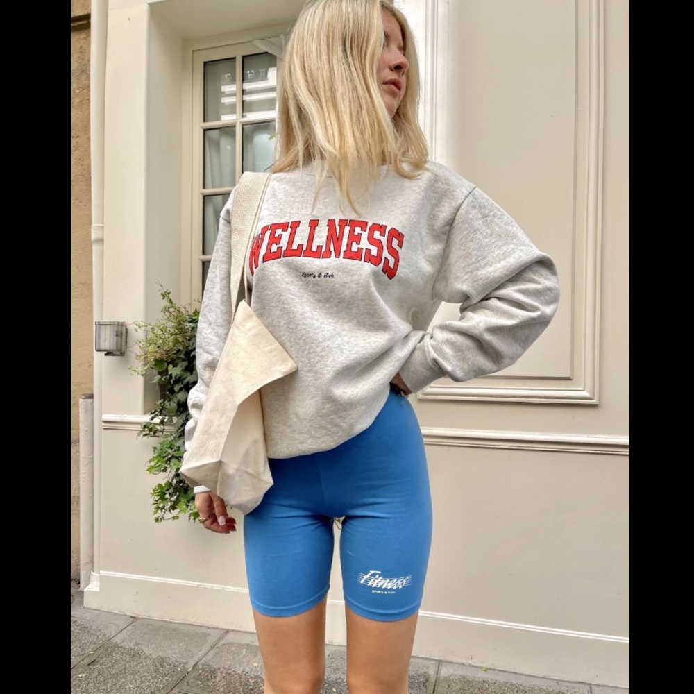 Sporty & Rich 80s Varsity Blue Logo Princess Diana Fitness Biker Shorts Sz L/XL - Picture 1 of 13